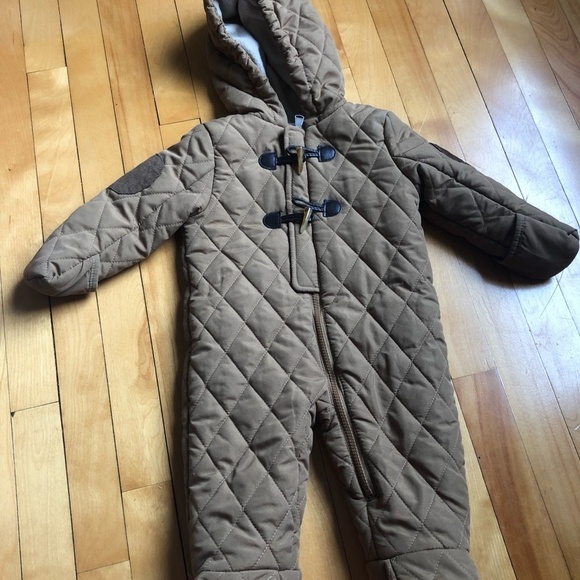 PERRY ELLIS Boy Brown Tan Fleece Lined Quilted One Piece Baby Bunting Snowsuit - Picture 1 of 11